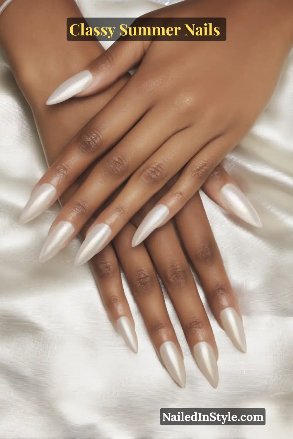 Classy Summer Nails 2026 Trends You’ll Love 4 Almond-shaped nude chrome nails with a pearly sand shimmer finish, giving a modern and classy summer manicure look.