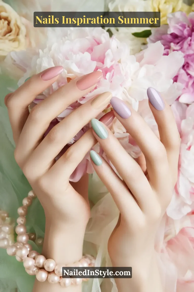 Close-up of elegant summer nails in pastel shades of pink, lilac, mint, and nude, styled with glossy finishes against soft floral background.
