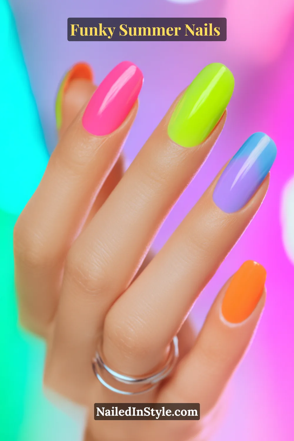 Close-up of glossy almond-shaped nails painted in mismatched neon shades: hot pink, lime green, sky blue, lavender, and bright orange. Each nail a different color for a bold, playful summer statement.