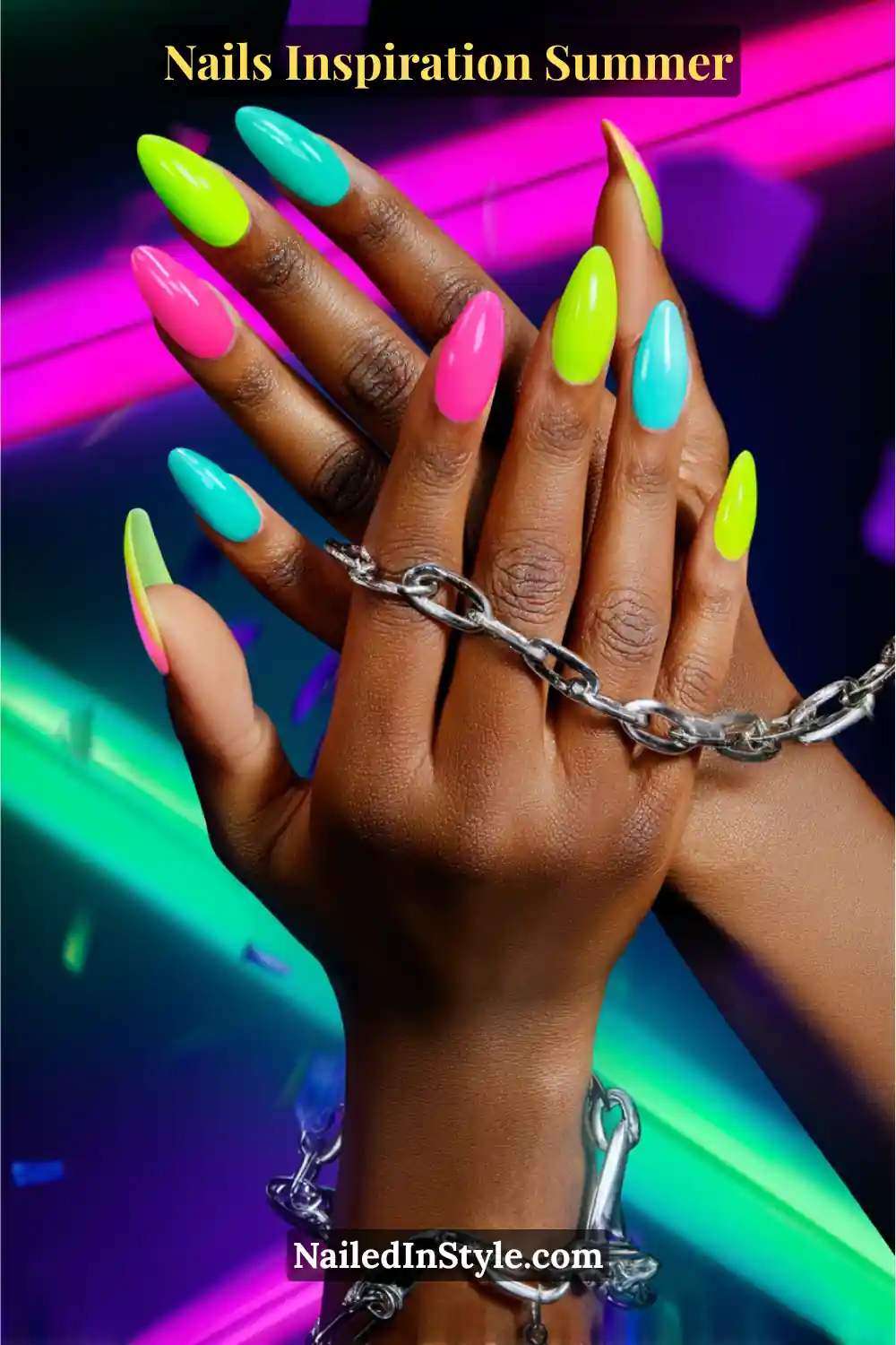 Nails Inspiration Summer 2025: Fresh Trends & Chic Ideas 17 Close-up of long almond-shaped nails painted in alternating neon pink, neon green, and electric blue shades with a glossy finish, glowing under bright summer lights.