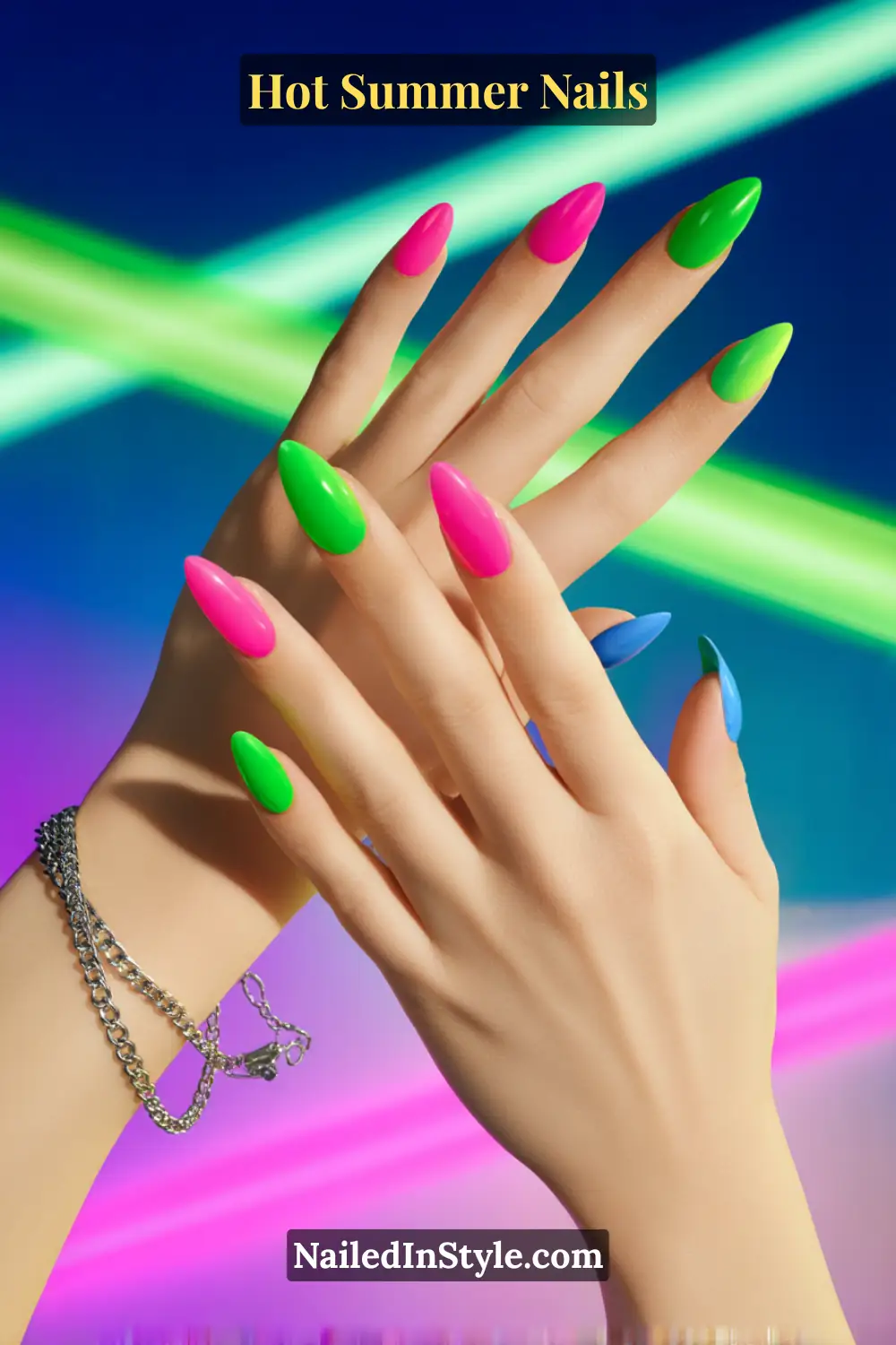 Hot Summer Nails 2025: Bold & Trendy Manicures 2 Close-up of almond-shaped nails painted in glossy neon shades of hot pink, lime green, and electric blue, creating a bold and vibrant summer manicure.