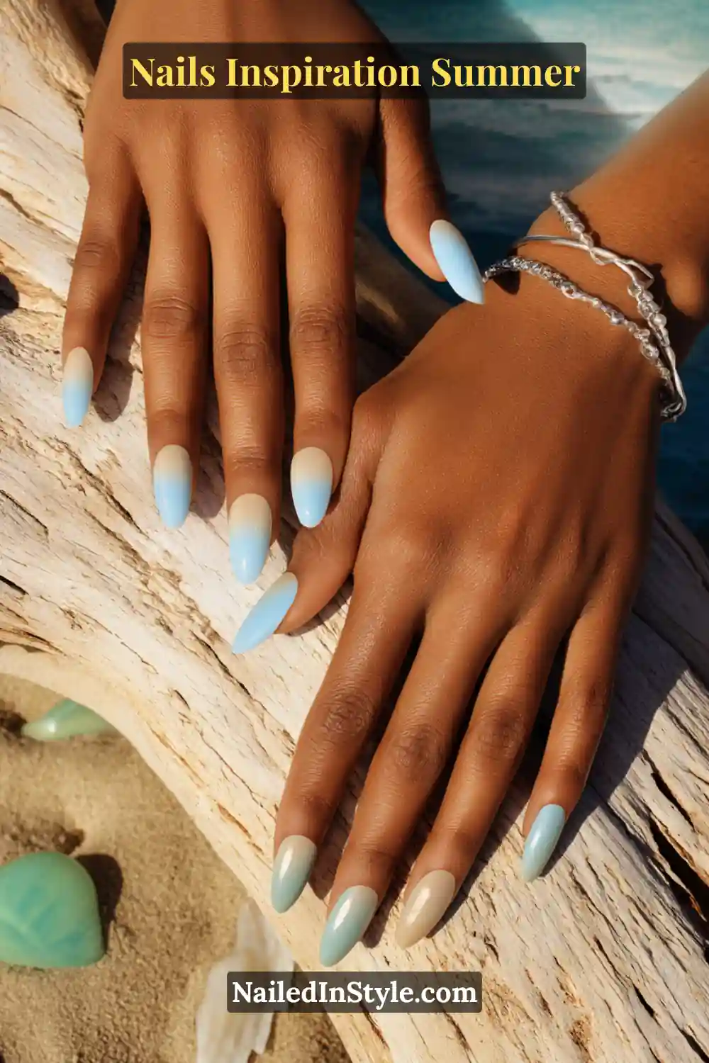 Nails Inspiration Summer 2025: Fresh Trends & Chic Ideas 15 Close-up of almond-shaped nails with an ombré design blending soft ocean blue into sandy beige, glossy finish, inspired by waves meeting the shore.