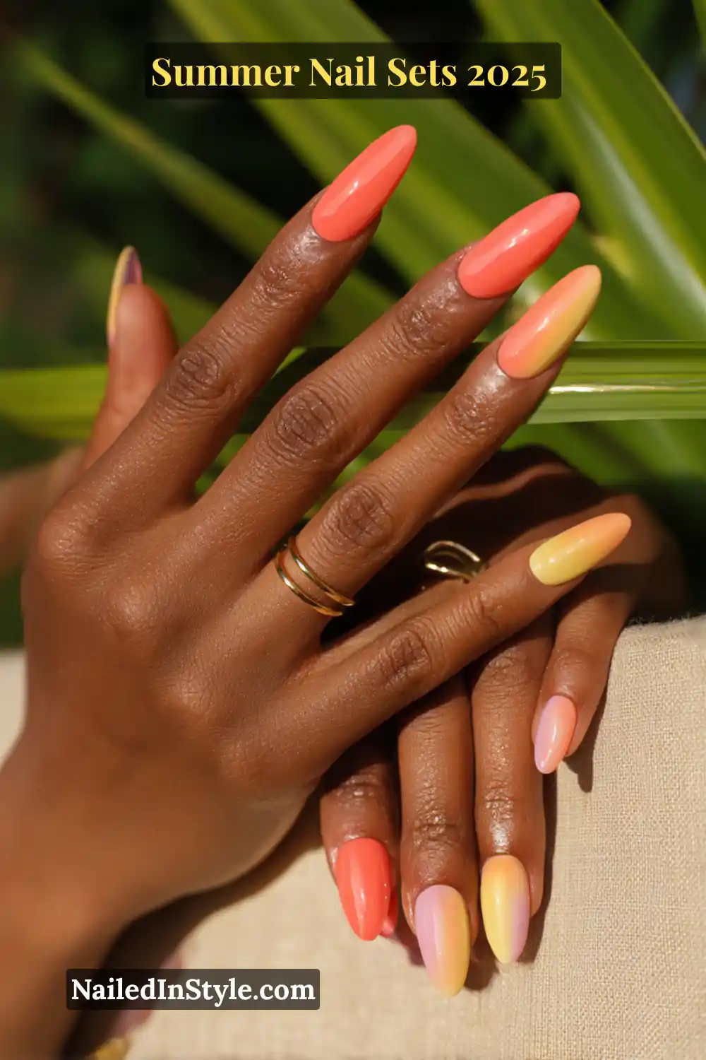 Stunning Summer Nail Sets You’ll Want This Season 9 Stunning almond-shaped summer nails in coral and mint gradient on olive skin tone, enhancing golden undertones, nail fashion trend 2025.
