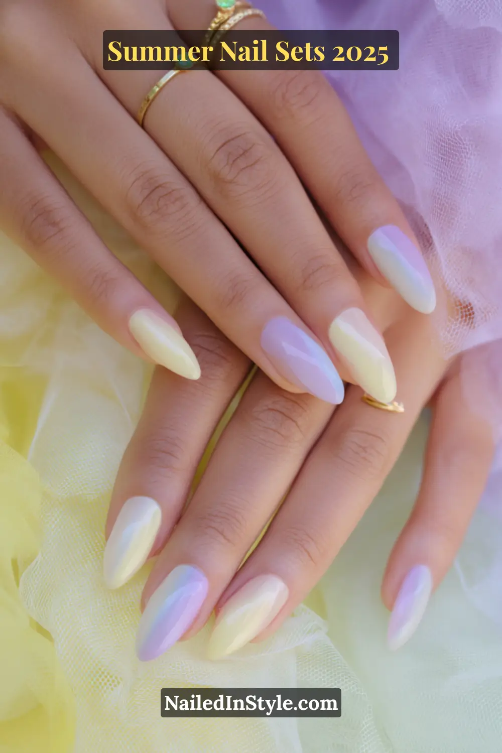 Stunning Summer Nail Sets You’ll Want This Season 4 Almond-shaped ombre pastel nails in butter yellow, lilac, and mint with a dreamy aura finish