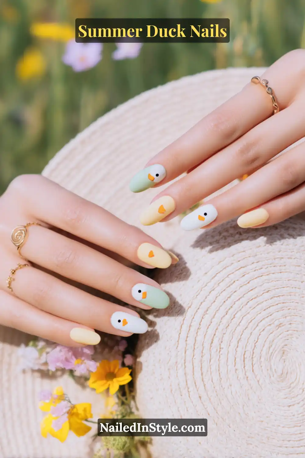 Cute Summer Duck Nails You’ll Want in 2026 3 Soft yellow and mint green nails with minimal duck face art, giving a cute and clean summer look.