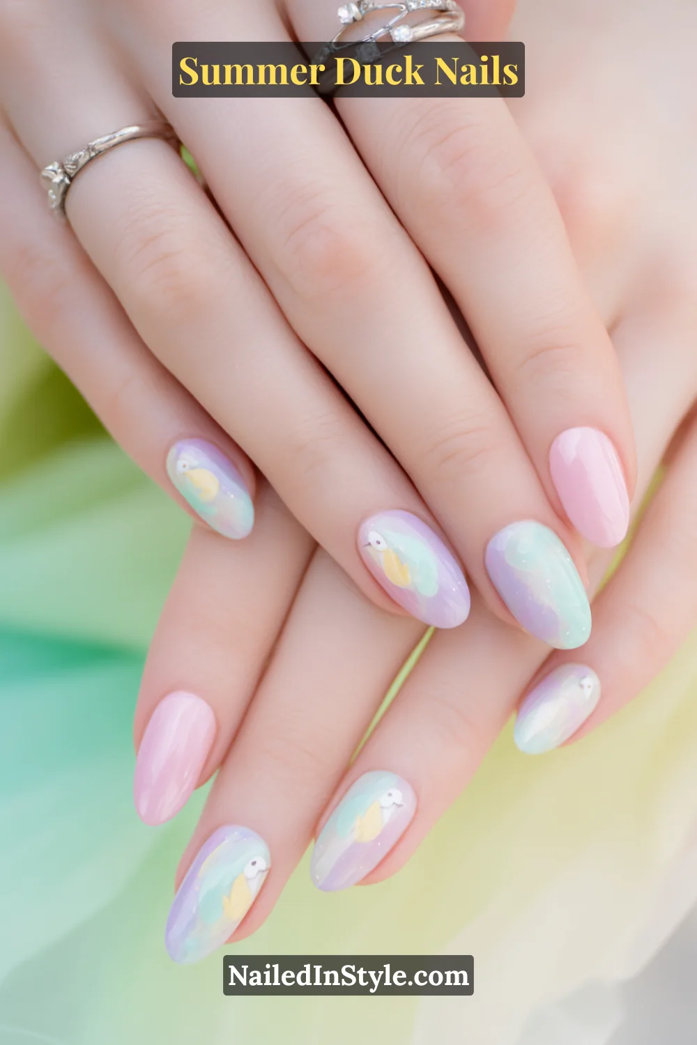 Cute Summer Duck Nails You’ll Want in 2026 20 Soft pastel ombre nails in pink, mint, and lavender with delicate hand-painted ducks.