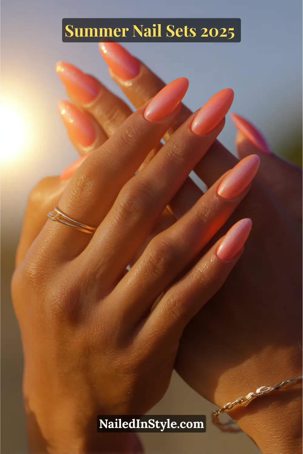 Stunning Summer Nail Sets You’ll Want This Season 15 Stunning almond-shaped nails with a coral-to-peach shimmer ombre, inspired by a summer sunset glow.