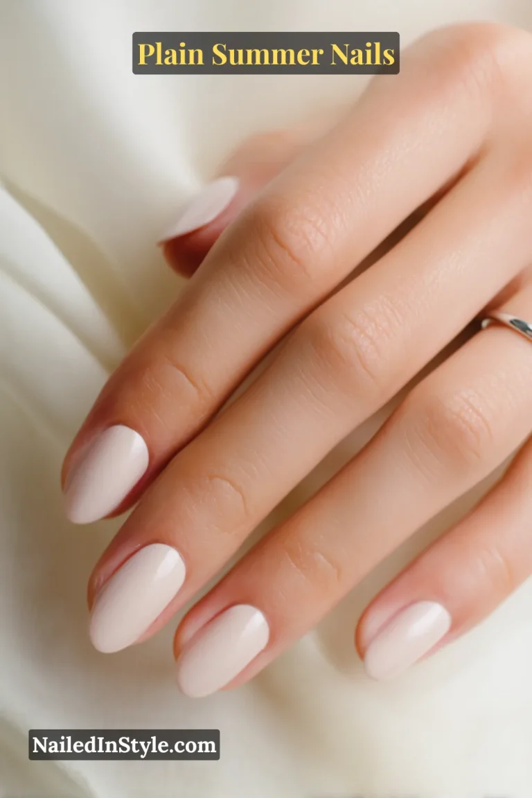 Close-up of a hand with soft pastel nude nails, short and neatly polished, styled for a clean summer look.