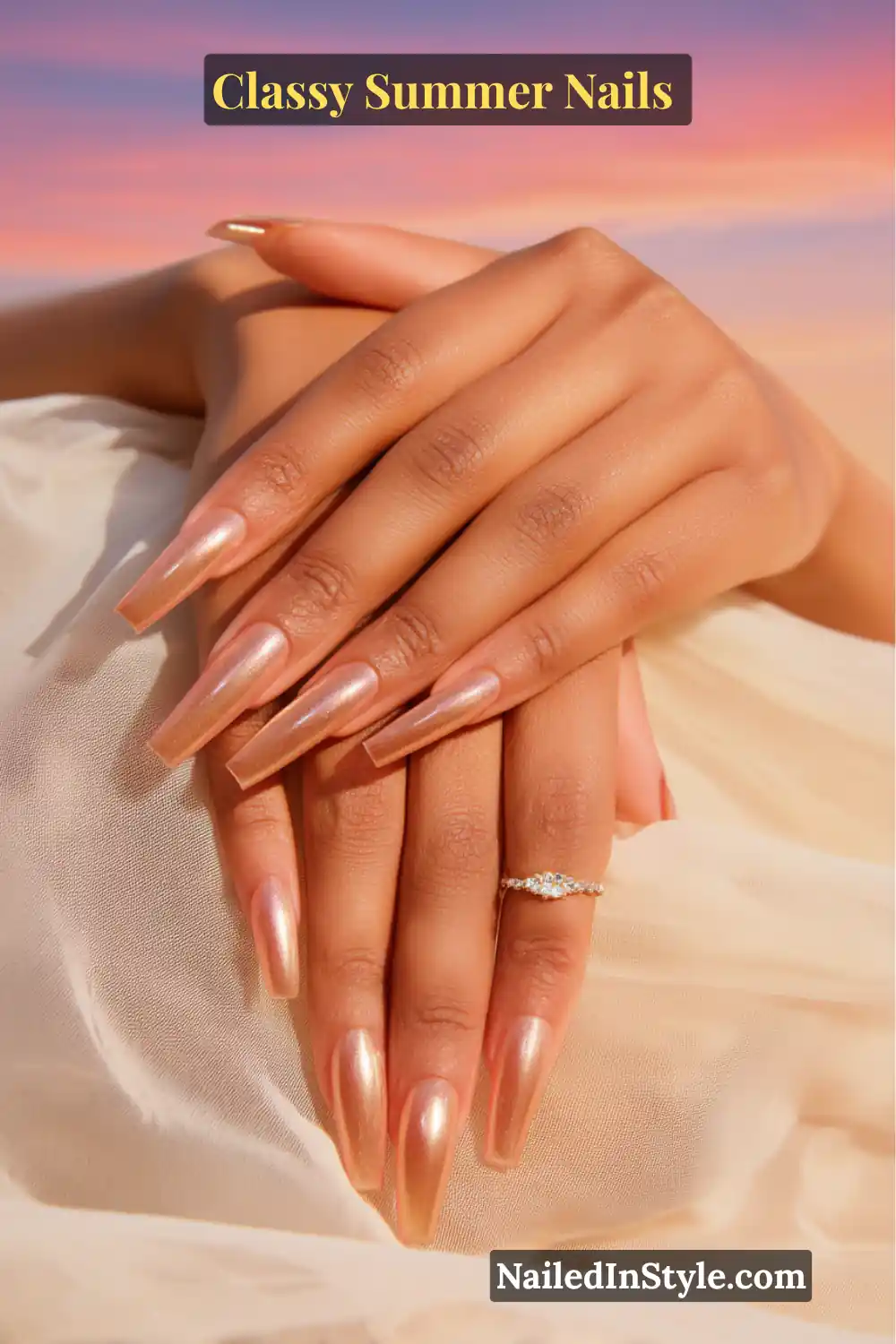 Classy Summer Nails 2026 Trends You’ll Love 20 Long coffin-shaped nails with a soft nude-to-rose gold gradient shimmer, glowing under sunset tones.