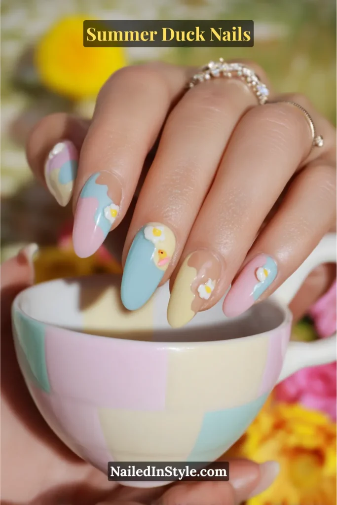 Almond-shaped nails with pastel blue, pink, yellow, and beige swirls, featuring tiny 3D daisies and an adorable duck accent.