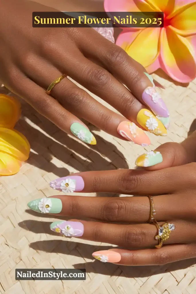Summer Flower Nails Long almond pastel nails with 3D white daisies and tropical summer accents