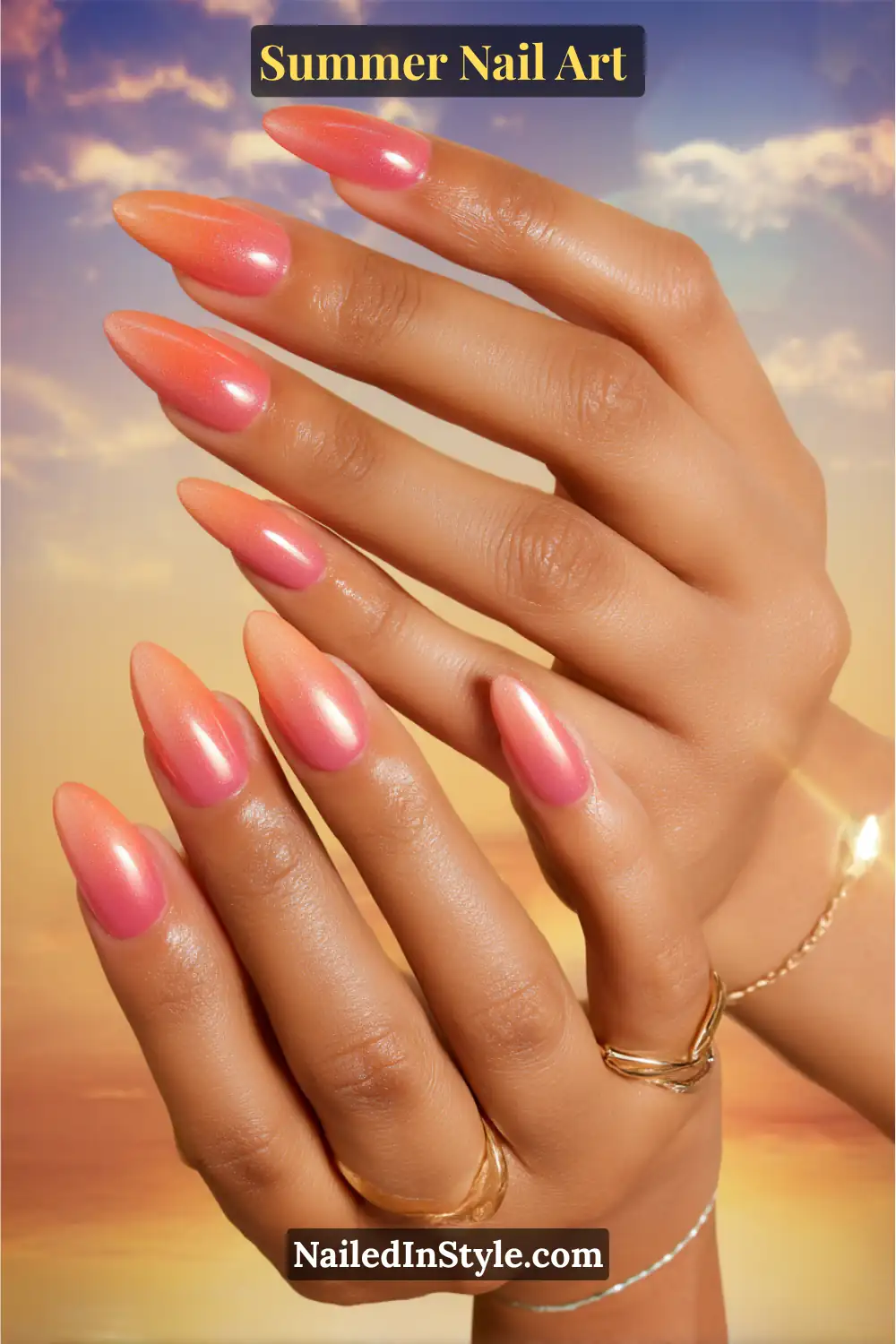 Gorgeous Summer Nail Art Ideas You’ll See Everywhere 5 legant summer nail art featuring a peach, coral, and pink gradient fade with a shimmer topcoat.