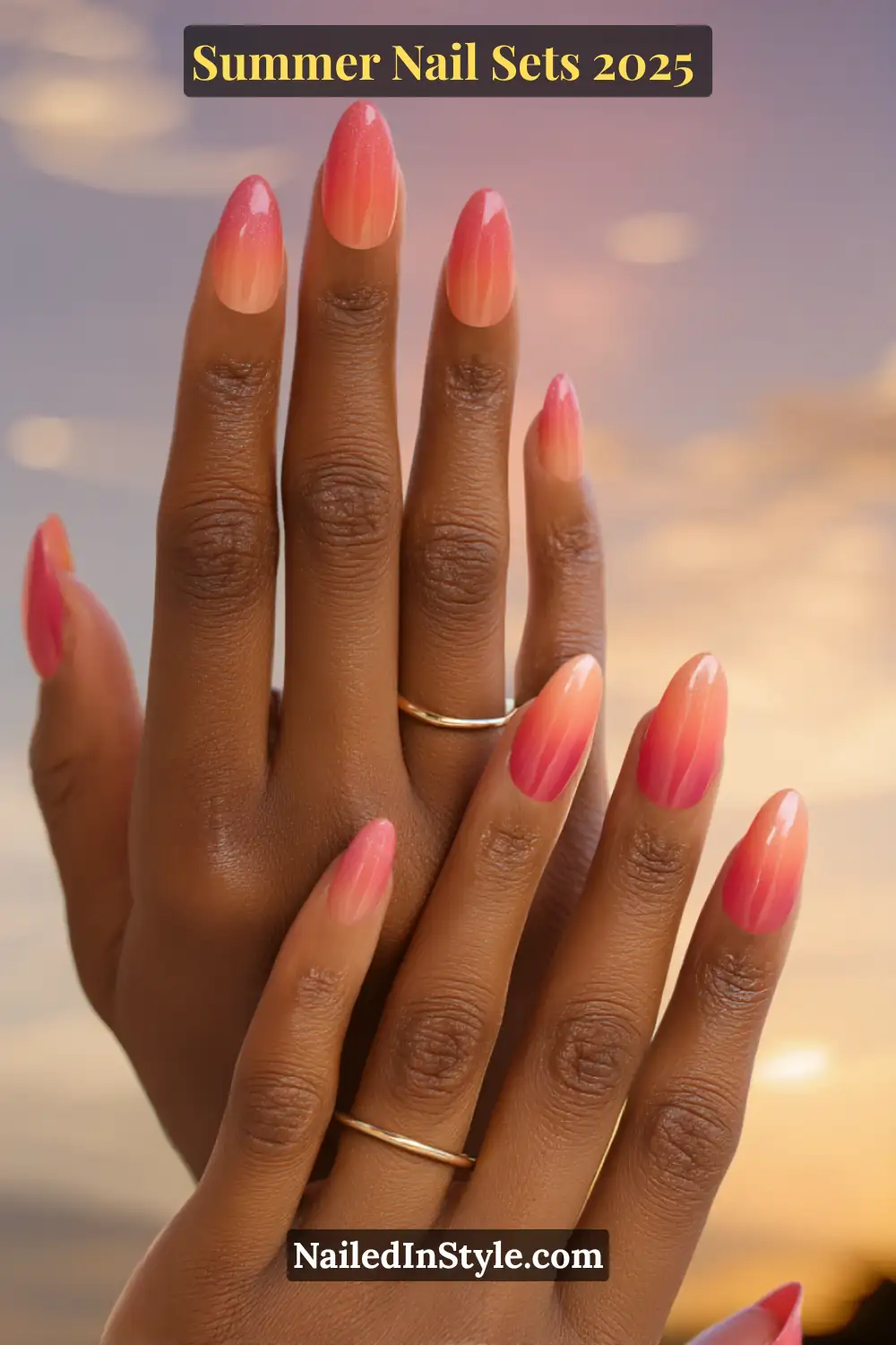 Stunning Summer Nail Sets You’ll Want This Season 5 Almond-shaped nails with a sunset-inspired gradient from peach to coral and pink, finished with a shimmer topcoat