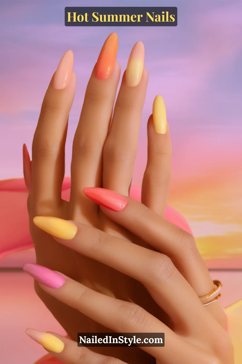 Hot Summer Nails 2025: Bold & Trendy Manicures 4 Close-up of almond-shaped nails painted in a soft ombré gradient blending coral, yellow, and magenta shades inspired by a summer sunset.