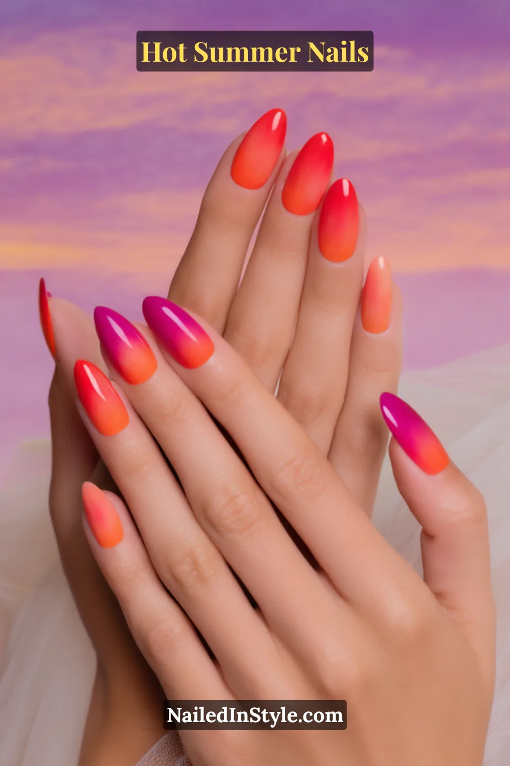 Hot Summer Nails 2025: Bold & Trendy Manicures 15 Close-up of almond-shaped nails with a smooth coral-to-magenta ombré gradient, glowing like a summer sunset sky.