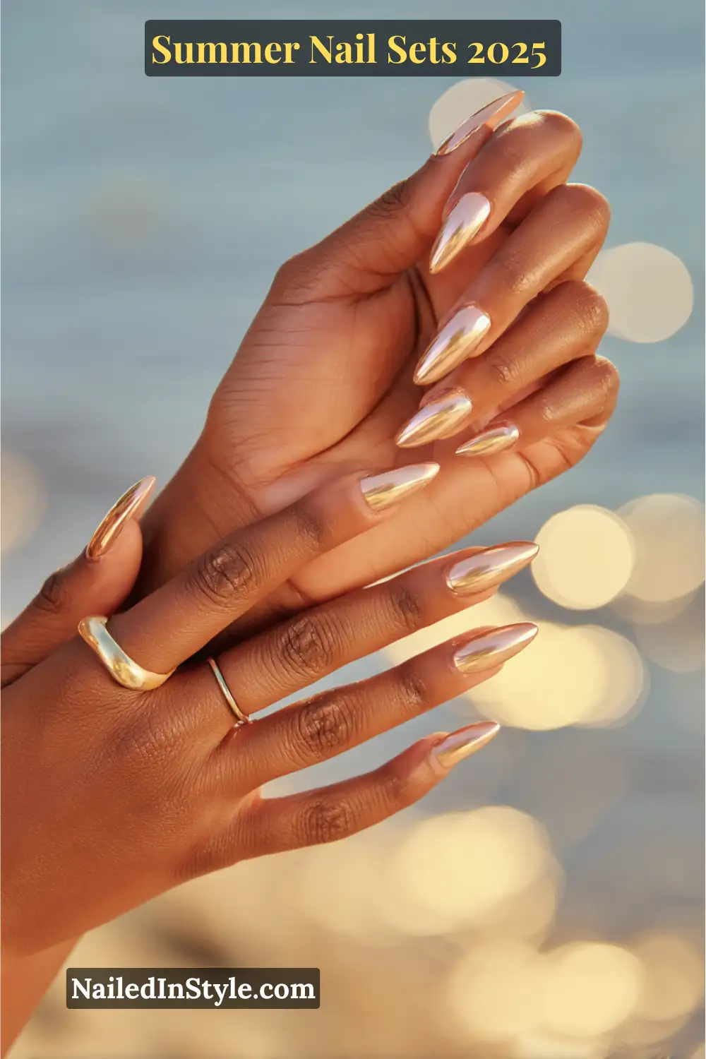 Stunning Summer Nail Sets You’ll Want This Season 10 Elegant almond-shaped nails in peach and gold chrome on tan skin, reflecting light to enhance a sunkissed summer glow, nail trends 2025.