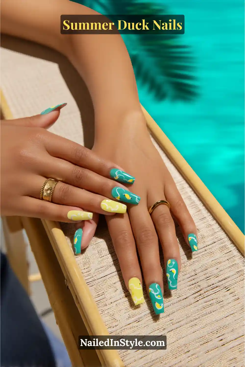Cute Summer Duck Nails You’ll Want in 2026 10 Teal and yellow nails with duck designs, creating a lively summer vibe for tan skin tones.