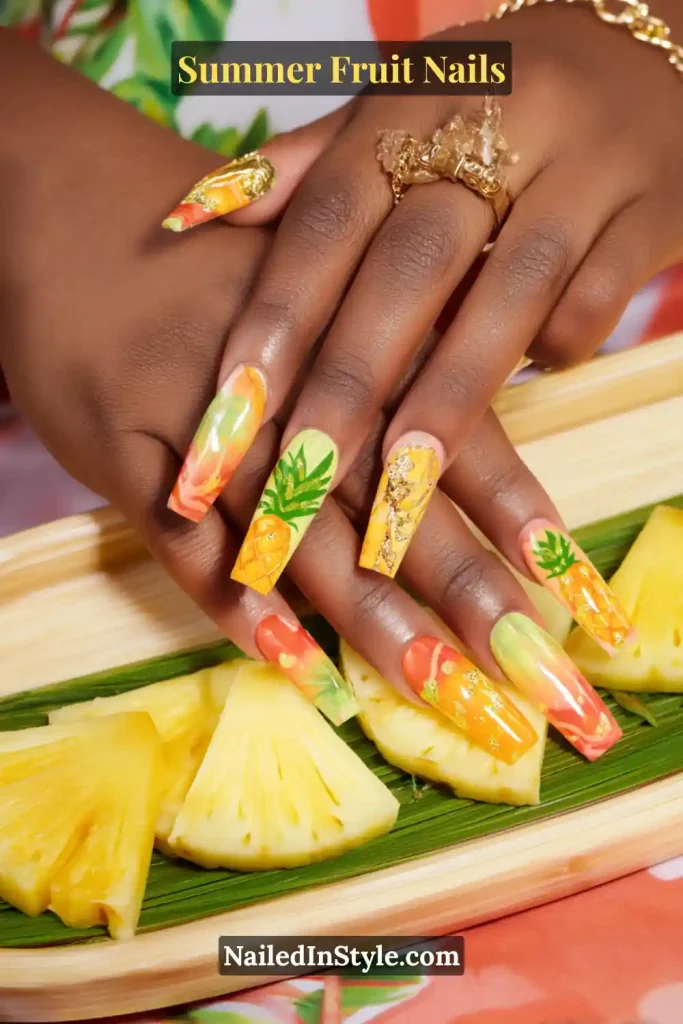 Summer Fruit Nails Vibrant summer nail art featuring coral, yellow, and green tones with detailed pineapple and mango designs on long square nails.