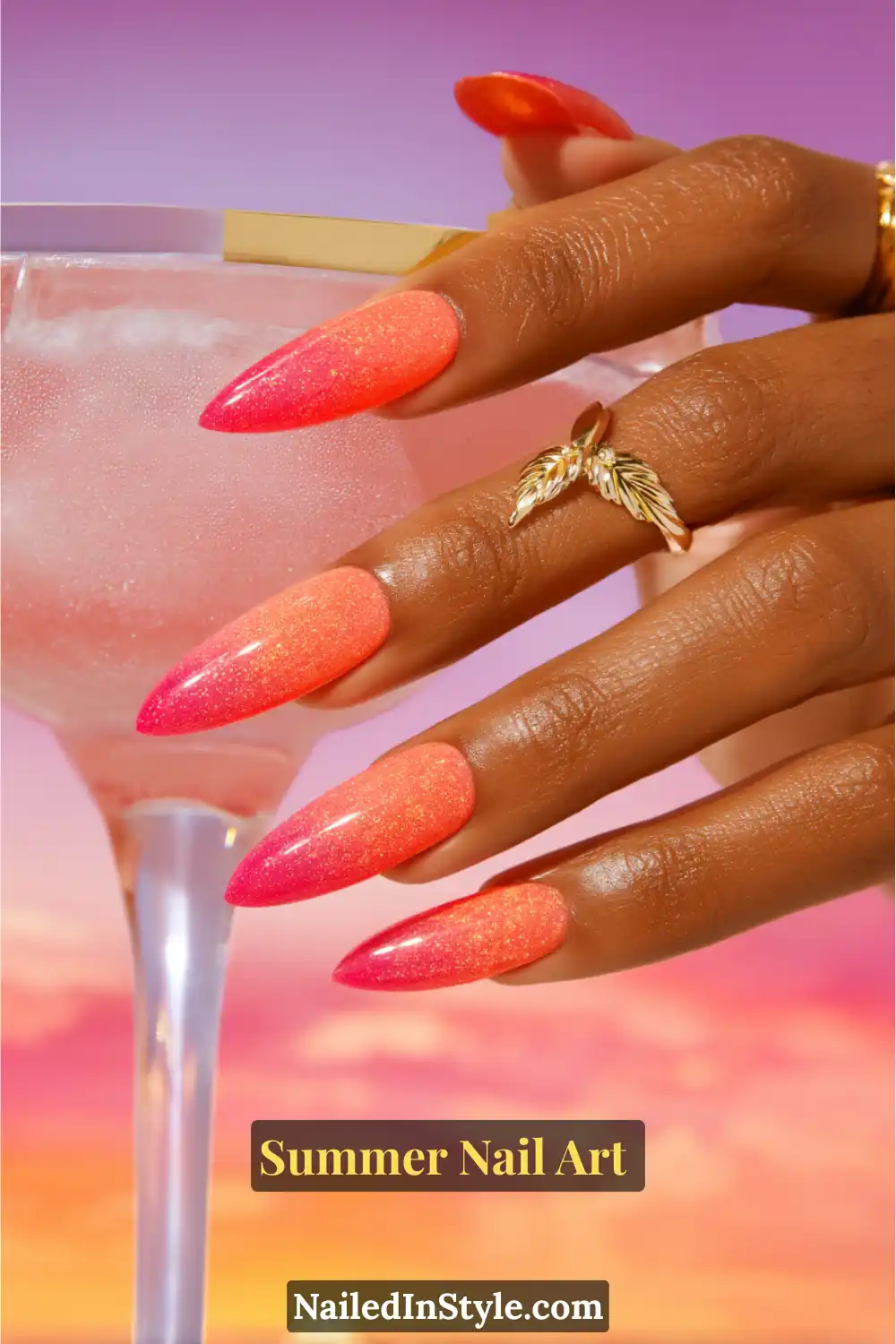 Gorgeous Summer Nail Art Ideas You’ll See Everywhere 17 Vibrant summer nail art with a coral-to-pink ombre gradient and fine shimmer, inspired by a tropical sunset.