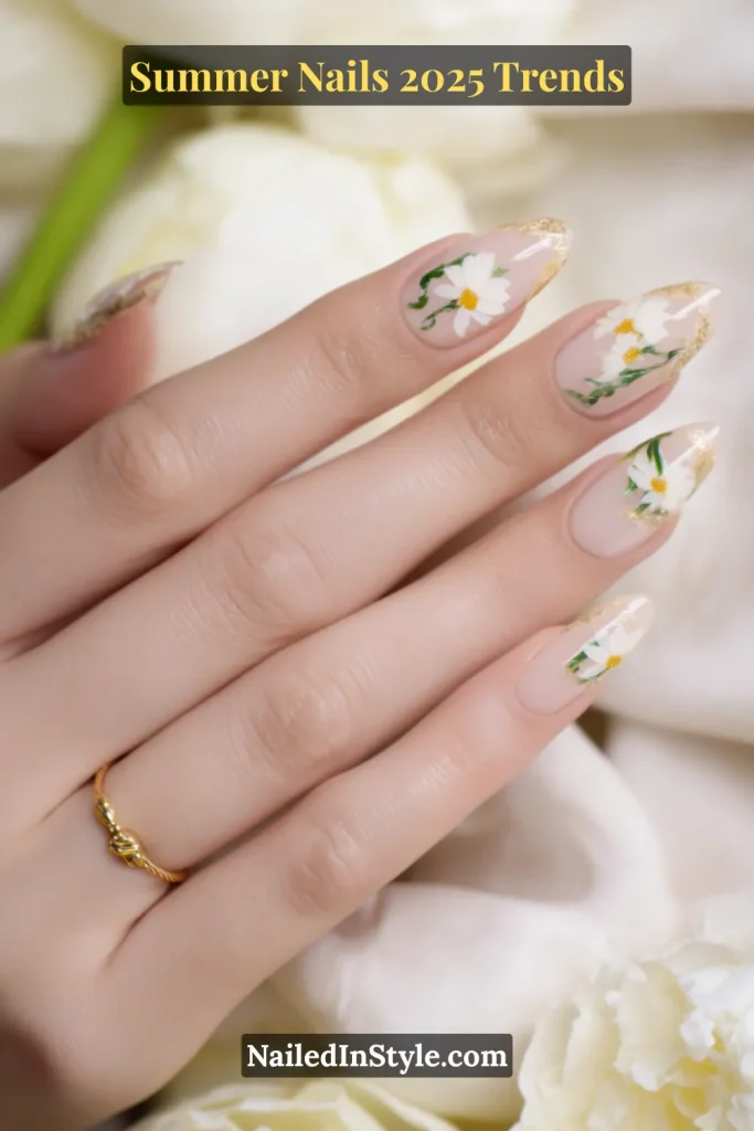 Almond-shaped nails with nude base, gold tips, and white daisy floral art
