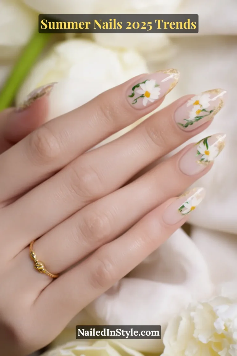 Almond-shaped nails with nude base, gold tips, and white daisy floral art