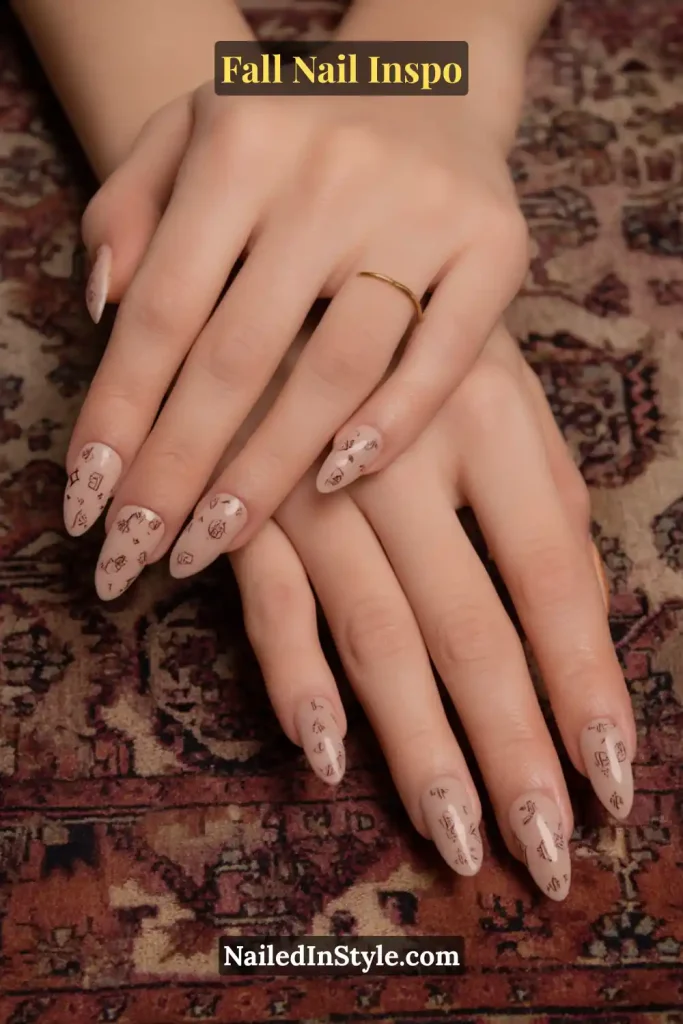 Nude matte nails with delicate brown kilim-inspired symbols.