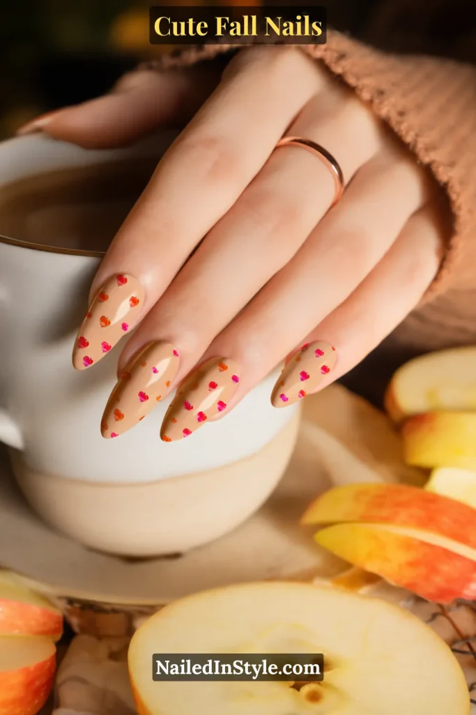 Fall nails with a latte beige base and scattered apple-red mini heart accents, styled with apple slices and a cozy mug.