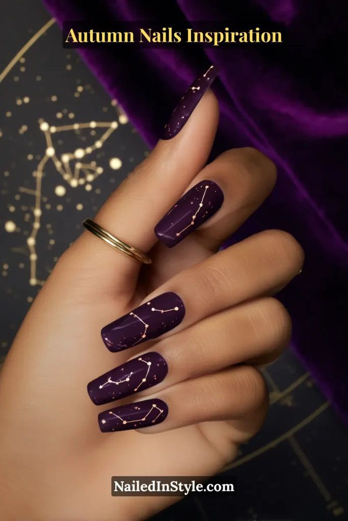 Deep aubergine nails with delicate bronze constellation line art and dots.