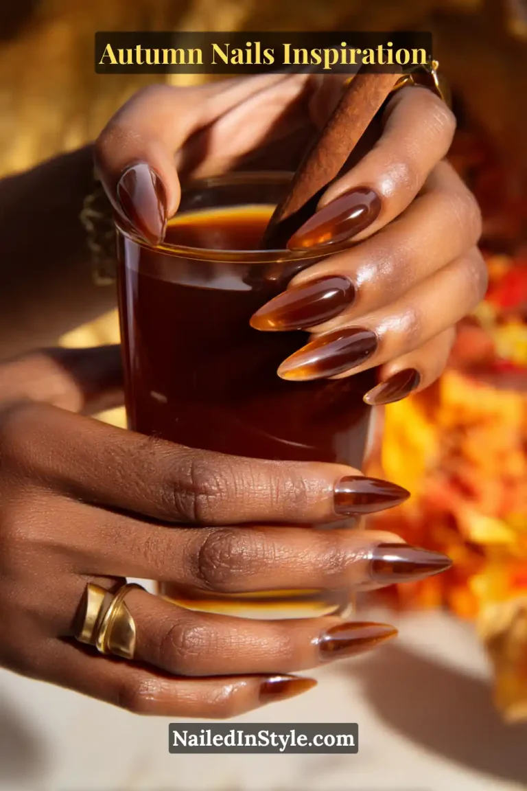 Deep brown nails with honey-amber glazed drip effect from the cuticles, glossy finish.
