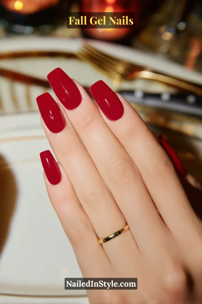 fall gel nails in glossy berry red, coffin shape, photographed at Thanksgiving table setting