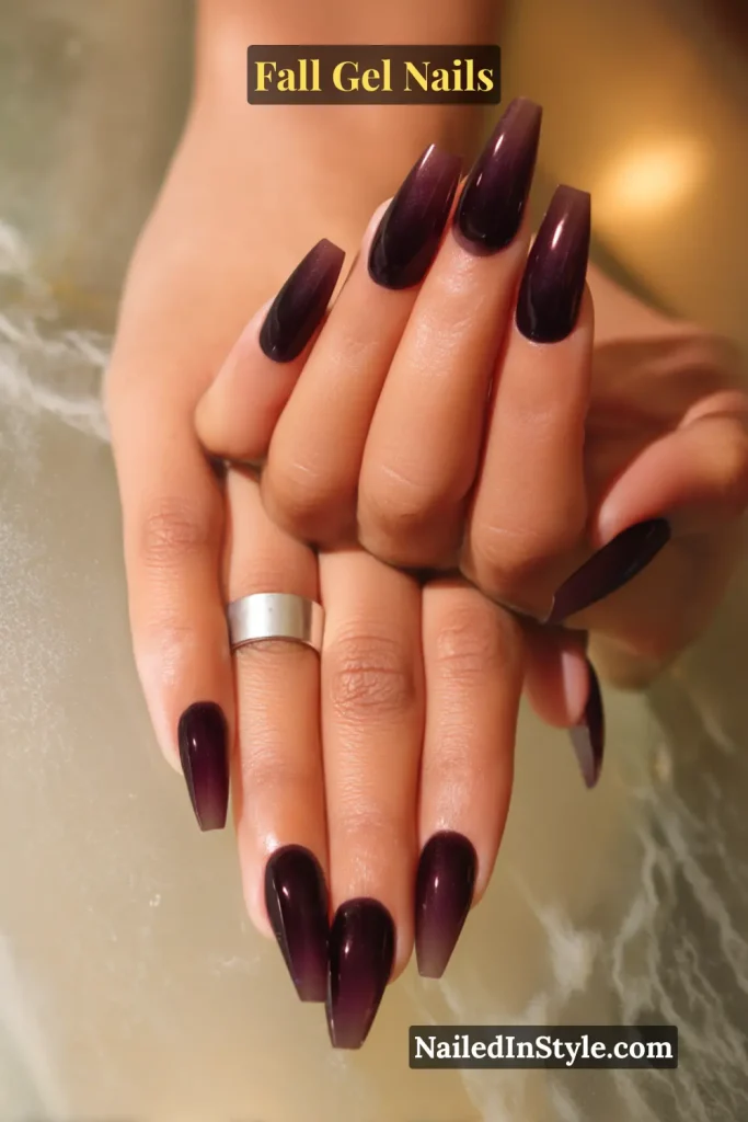 fall gel nails in sheer blackberry purple-black jelly finish, coffin shape styled against frosted café window