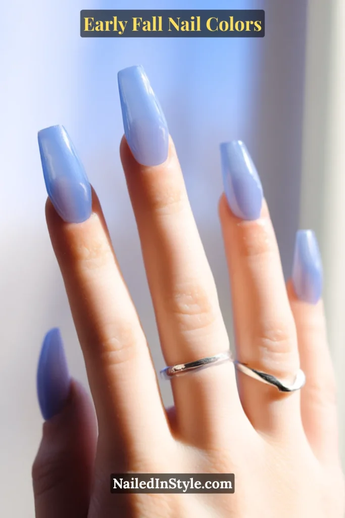 Early fall nail colors in blueberry navy jelly finish with glass-like translucence, styled against backlit window light.