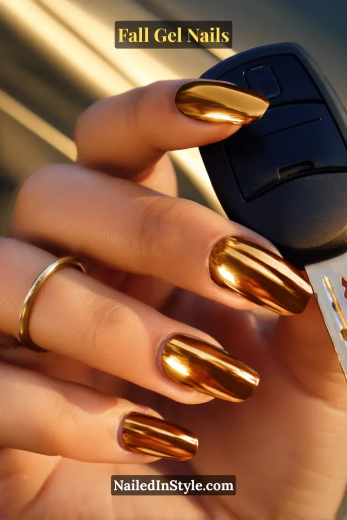 fall gel nails in metallic bronze chrome finish, oval shape, holding car keys in sunlight