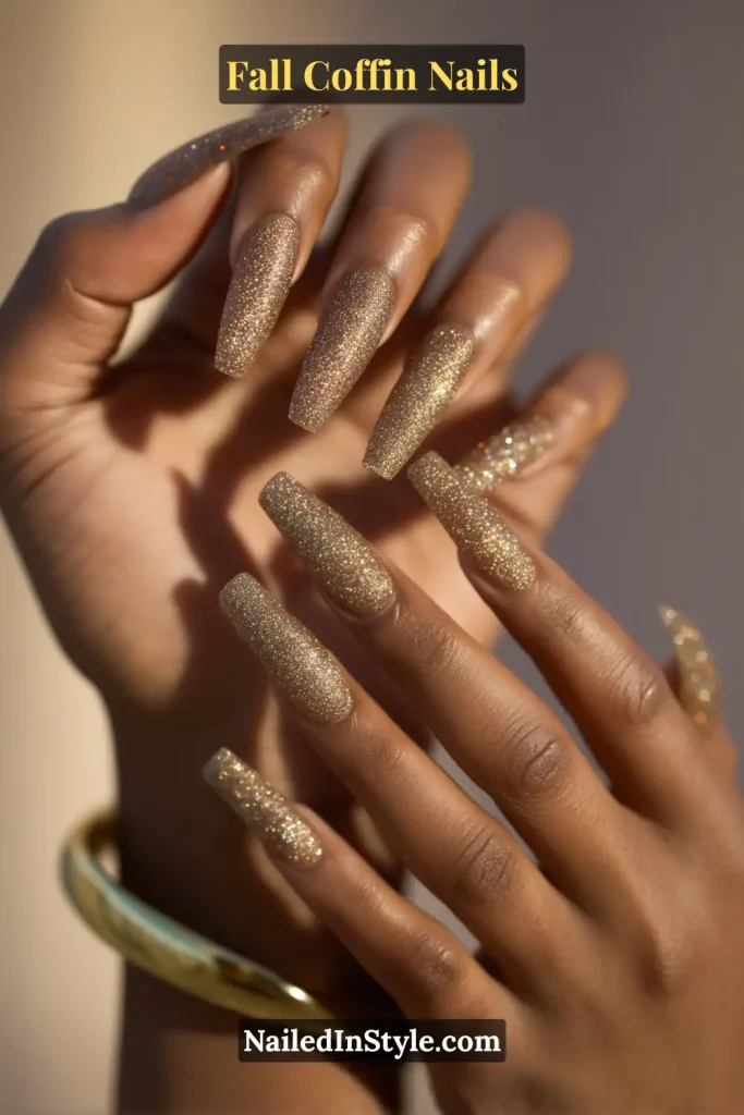 fall coffin nails in nude with bronze micro-foil flecks, creating a sparkling gradient effect under sunlight for a glam touch