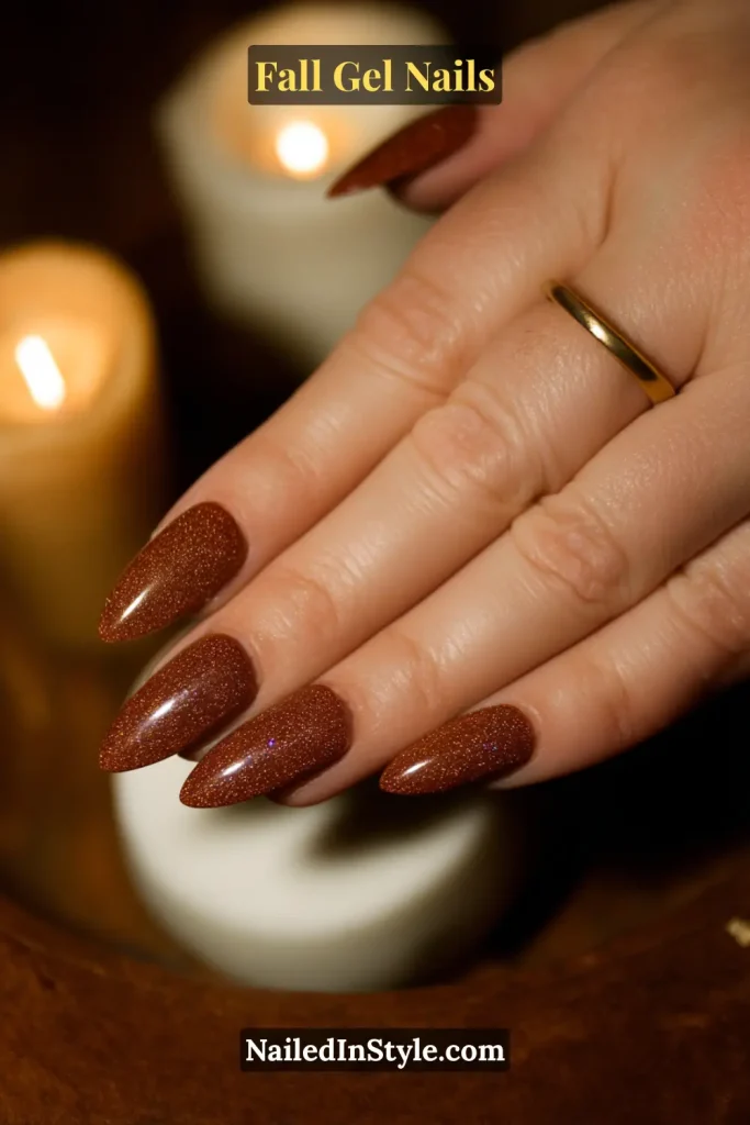 fall gel nails in chestnut brown with fine glitter sparkle, almond shape, glowing candlelight background