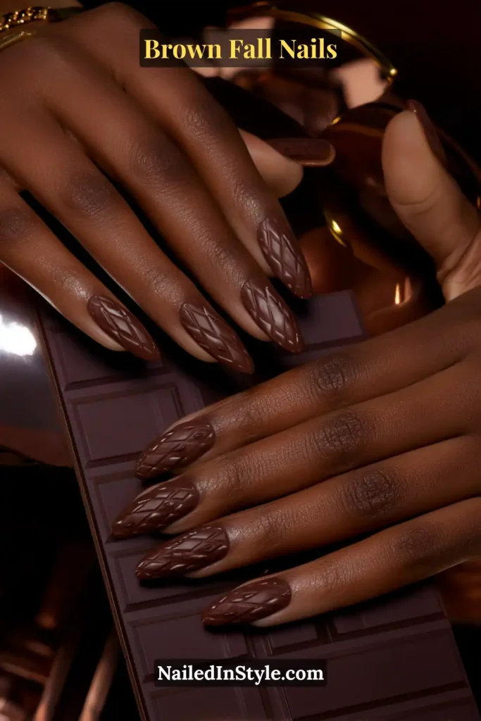 Dark brown nails with embossed chocolate bar grid design on accents.