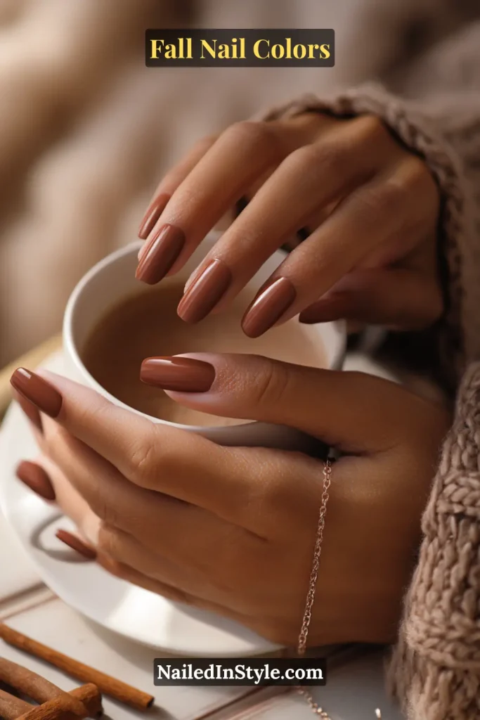 Glossy cinnamon brown nails on tan skin holding a warm latte with cinnamon sticks nearby, paired with a cozy knit sweater.
