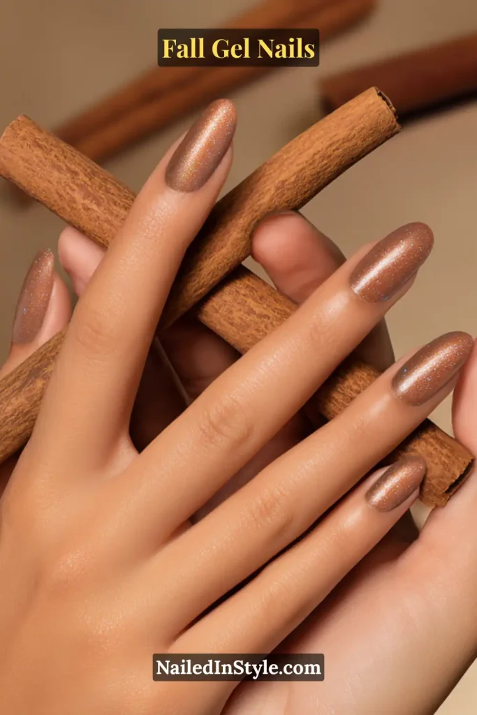 fall gel nails in warm cinnamon brown with subtle shimmer, short oval shape, hand holding cinnamon sticks