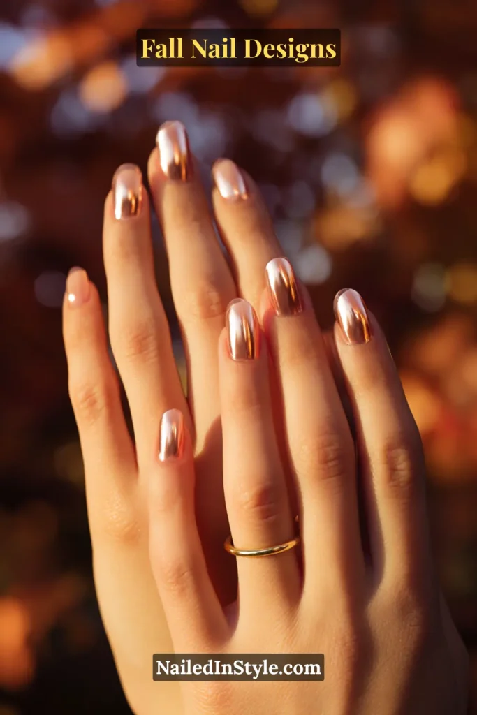 Hand with copper chrome French tip nails glowing in autumn sunlight.