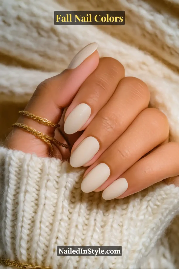 Matte creamy beige nails on fair skin against a soft cream knit sweater with delicate gold rings.
