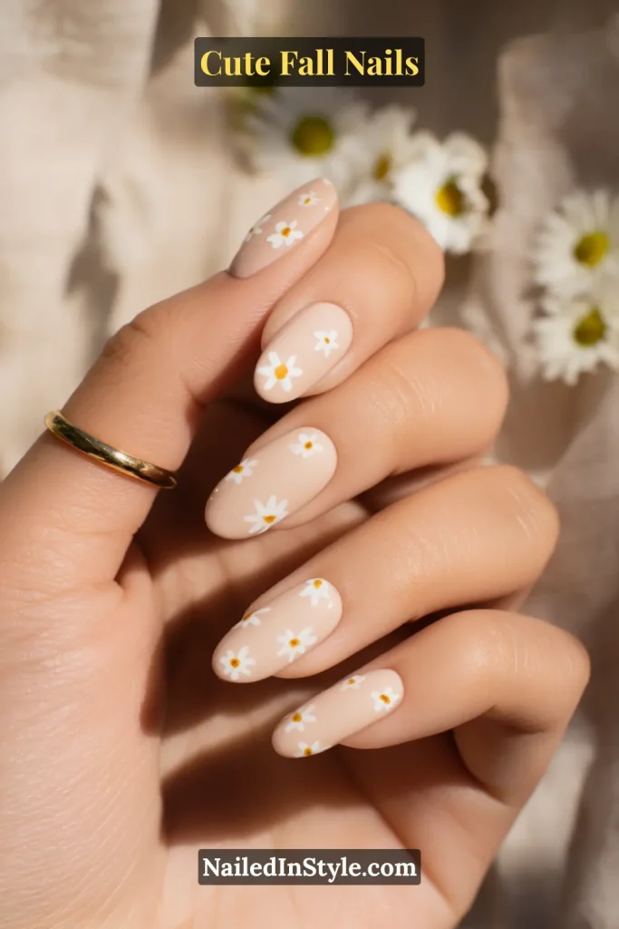 Cute fall nails with a nude base and delicate five-petal white daisies dotted along the sidewall, styled with daisy blooms on linen.