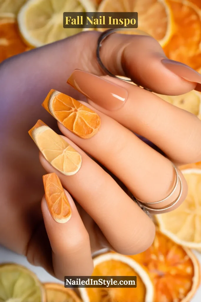 Nails with encapsulated dried orange and lemon slices on clear glossy accents.