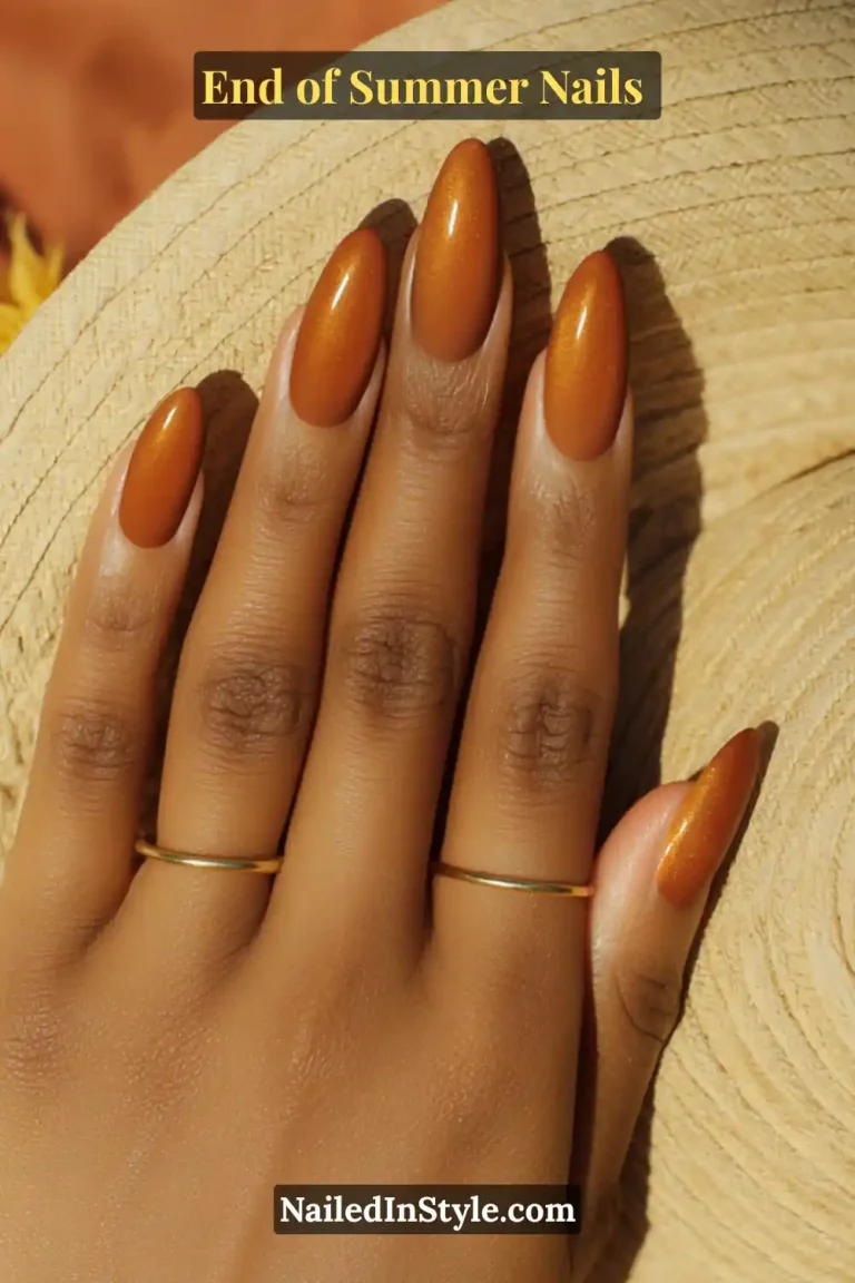 Shimmering bronze almond-shaped nails perfect for a chic end of summer manicure.