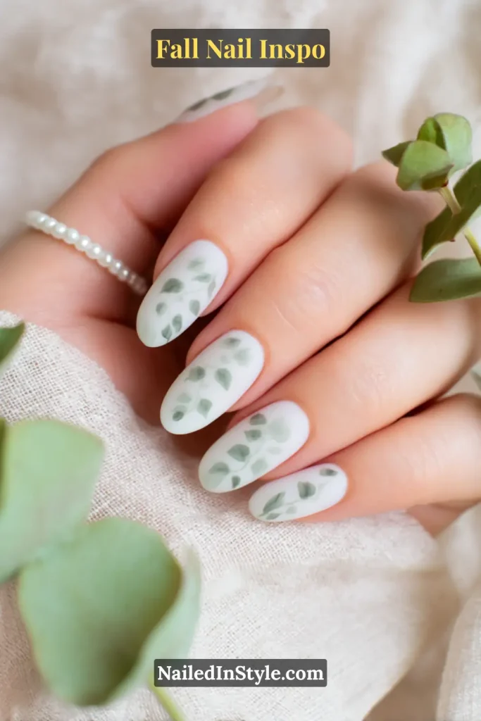 White matte nails with soft gray-green eucalyptus leaf silhouettes fading from the base.