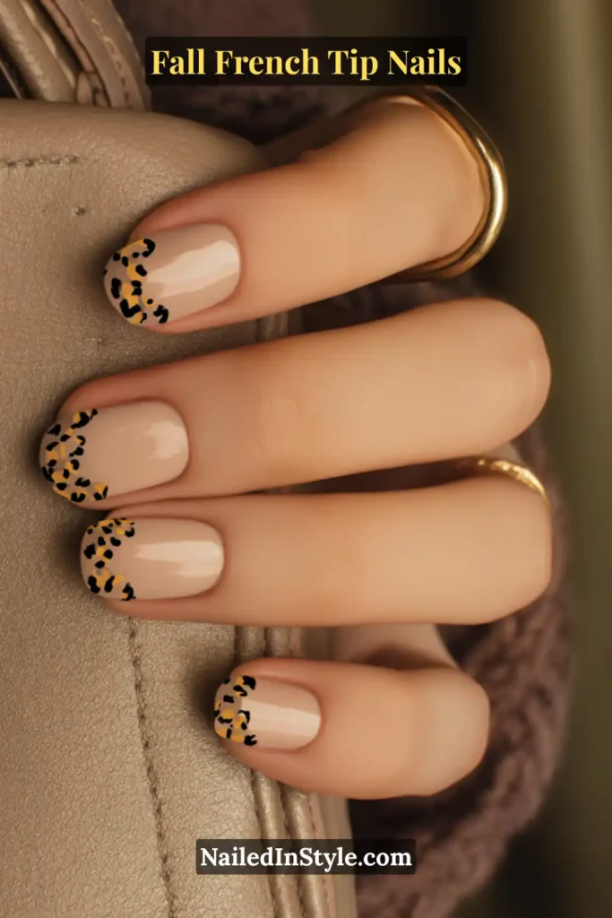 Short nude nails with fine leopard print only on the tips, hand holding a leather strap.