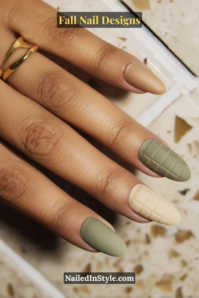 Almond nails in matte sage and beige with checkerboard texture on two nails, hand on ceramic tile.