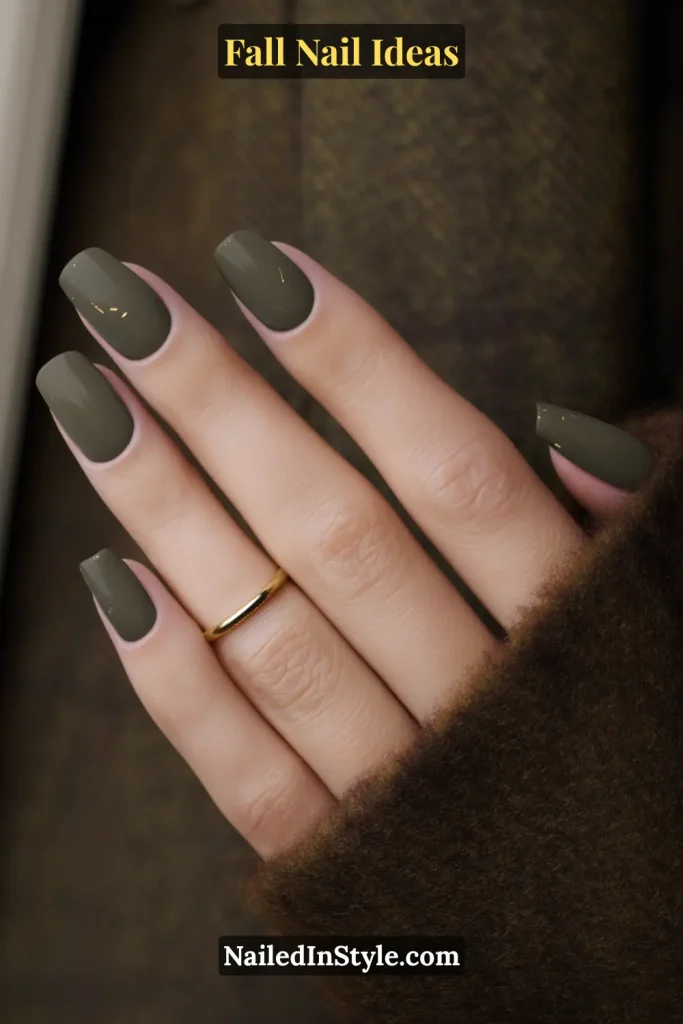 Fall Nail Ideas: 21 Gorgeous Looks to Try Now 11 Square nails painted matte olive green with subtle gold specks, hand in wool coat cuff.