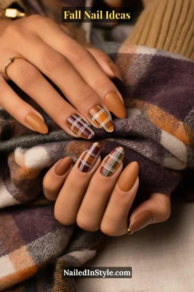 Fall Nail Ideas: 21 Gorgeous Looks to Try Now 12 Matte caramel nails with accent plaid designs in burgundy, mustard, and green, hand resting on plaid scarf.