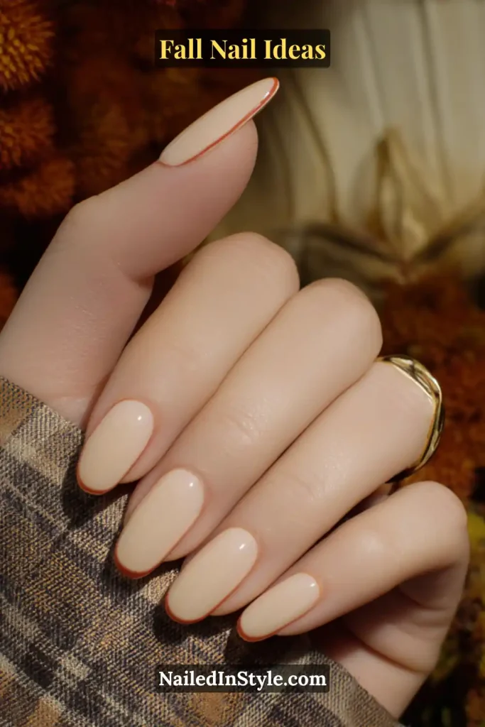 Fall Nail Ideas: 21 Gorgeous Looks to Try Now 1 Short nude nails with ultra-slim rust French tips, hand resting on a plaid wool lapel.