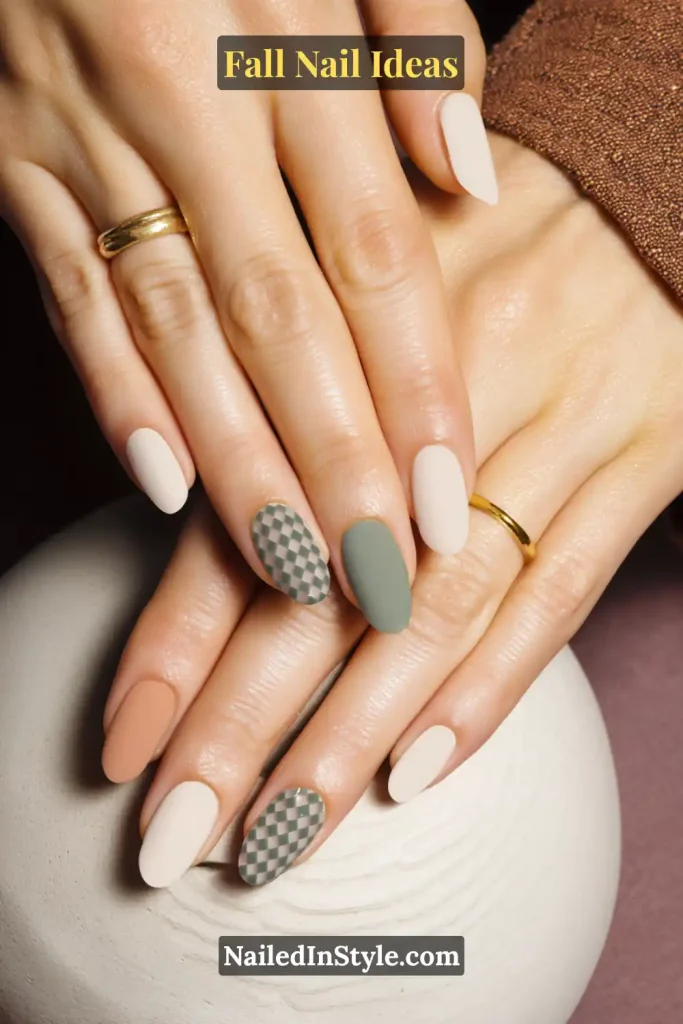 Fall Nail Ideas: 21 Gorgeous Looks to Try Now 16 Almond-shaped nails with a matte fall palette in cream, sage, and terracotta, featuring two accent nails with soft sage checkerboard pattern.